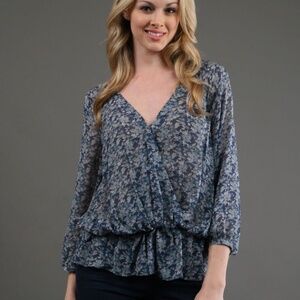 Joie Louvre 100% Silk Blue Floral Faux Wrap V Neck Blouse Size Large